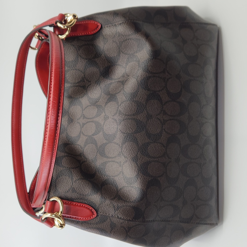 Coach Brown Signature Canvas Shoulder Bag with Red Trim - Picture 7 of 11